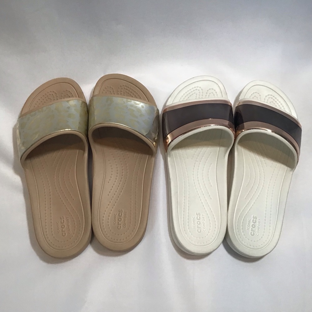 2 pairs CROCS Cream and Tan Sandals Slides Women 9 8 Animal Print